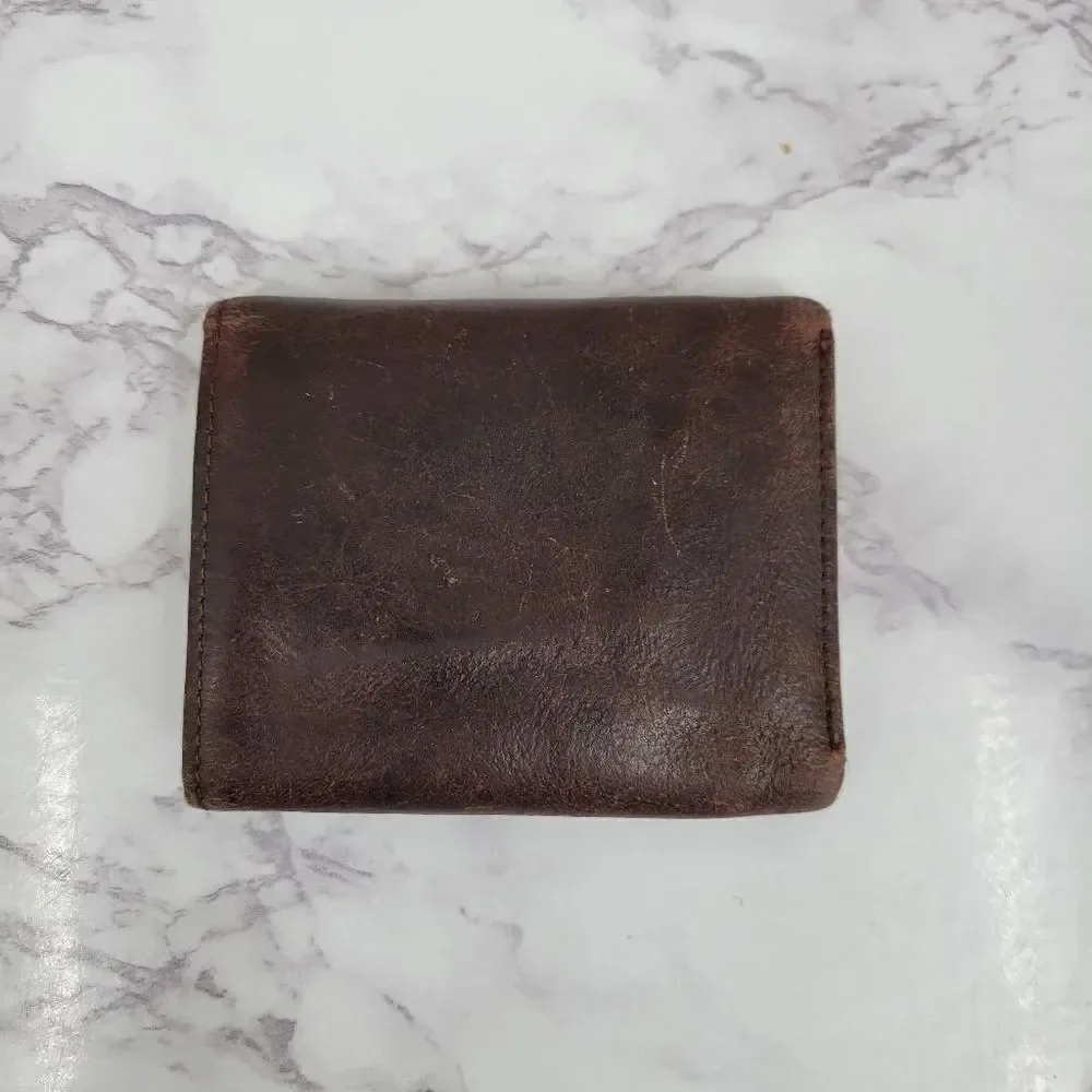 Faded Glory Vintage Brown Leather Wallet with Crest Dueling Dragons Embossed